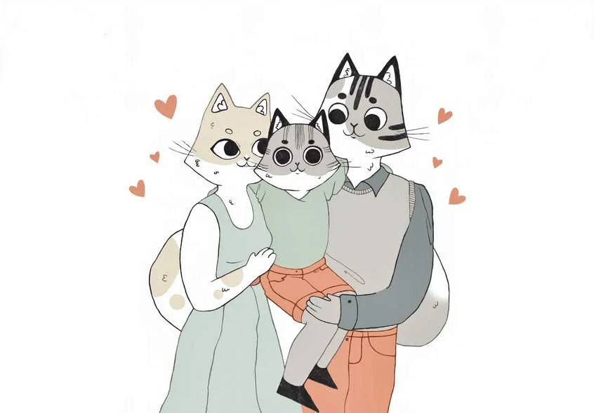 Семья котов — мама, папа и котёнок — обнимаются, вокруг летают сердечки. Иллюстрация к сказке «Про Котёнка-непоседу»
